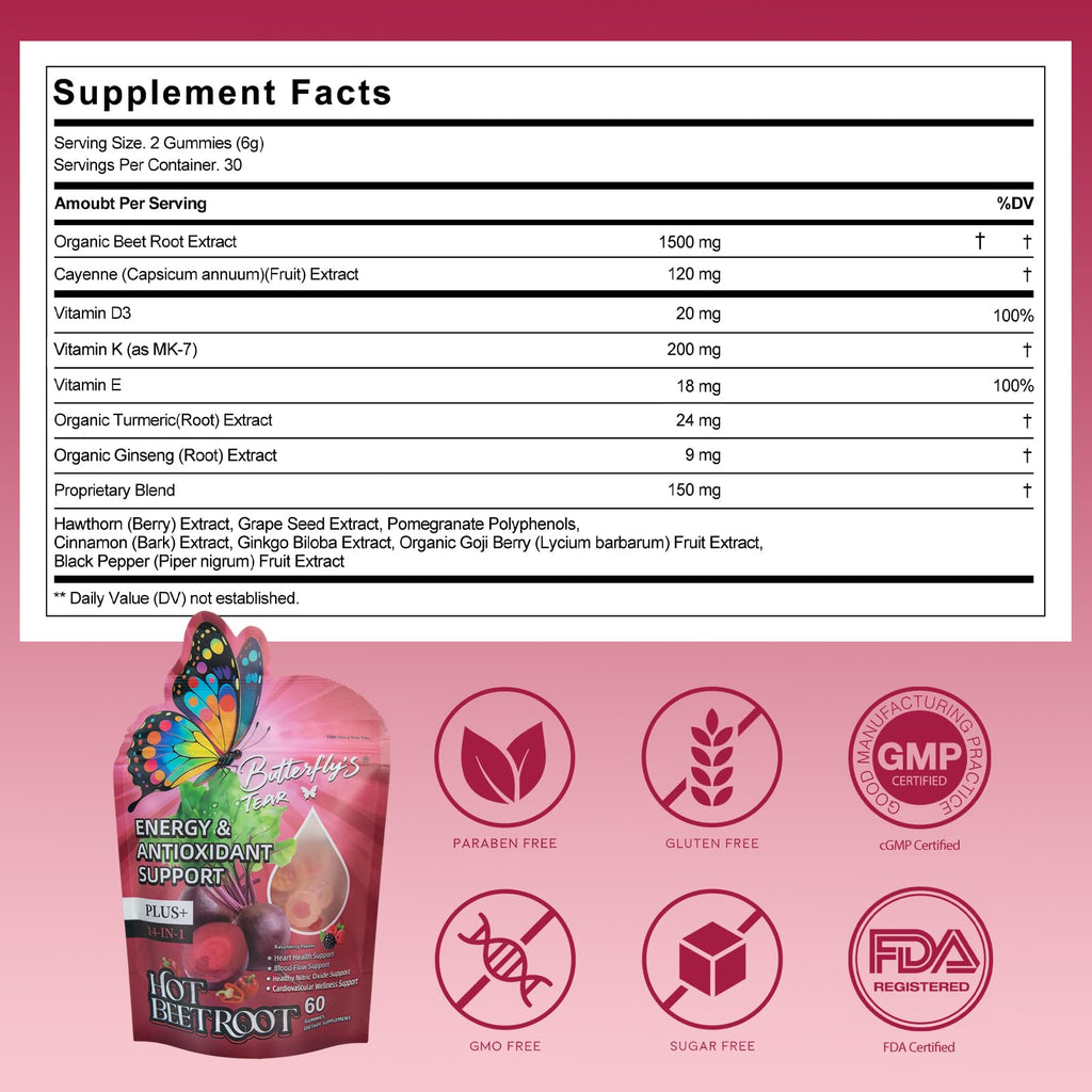 Beet Root Gummies with Vitamin D3, K2, E, Grape Seed & Hawthorn, Sugar Free, 60 Count (Pack of 3) Q23587