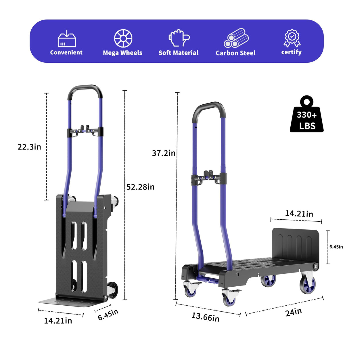 3-in-1 Folding Hand Truck 330lbs Portable Dolly Cart with Adjustable Handle R549055