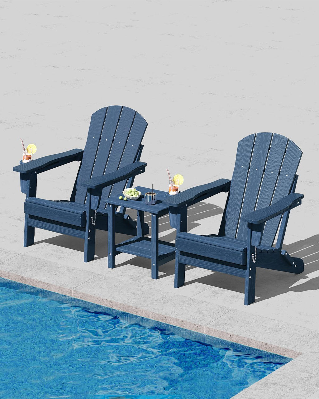 HDPE Folding Adirondack Chair Set of 2 with Side Table, Navy Blue P523724