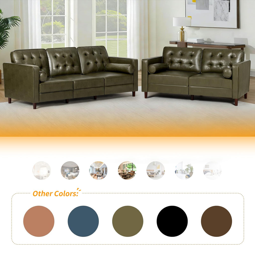 67" Olive Green Faux Leather 2-Seater Sofa with Bolster Pillows G8280