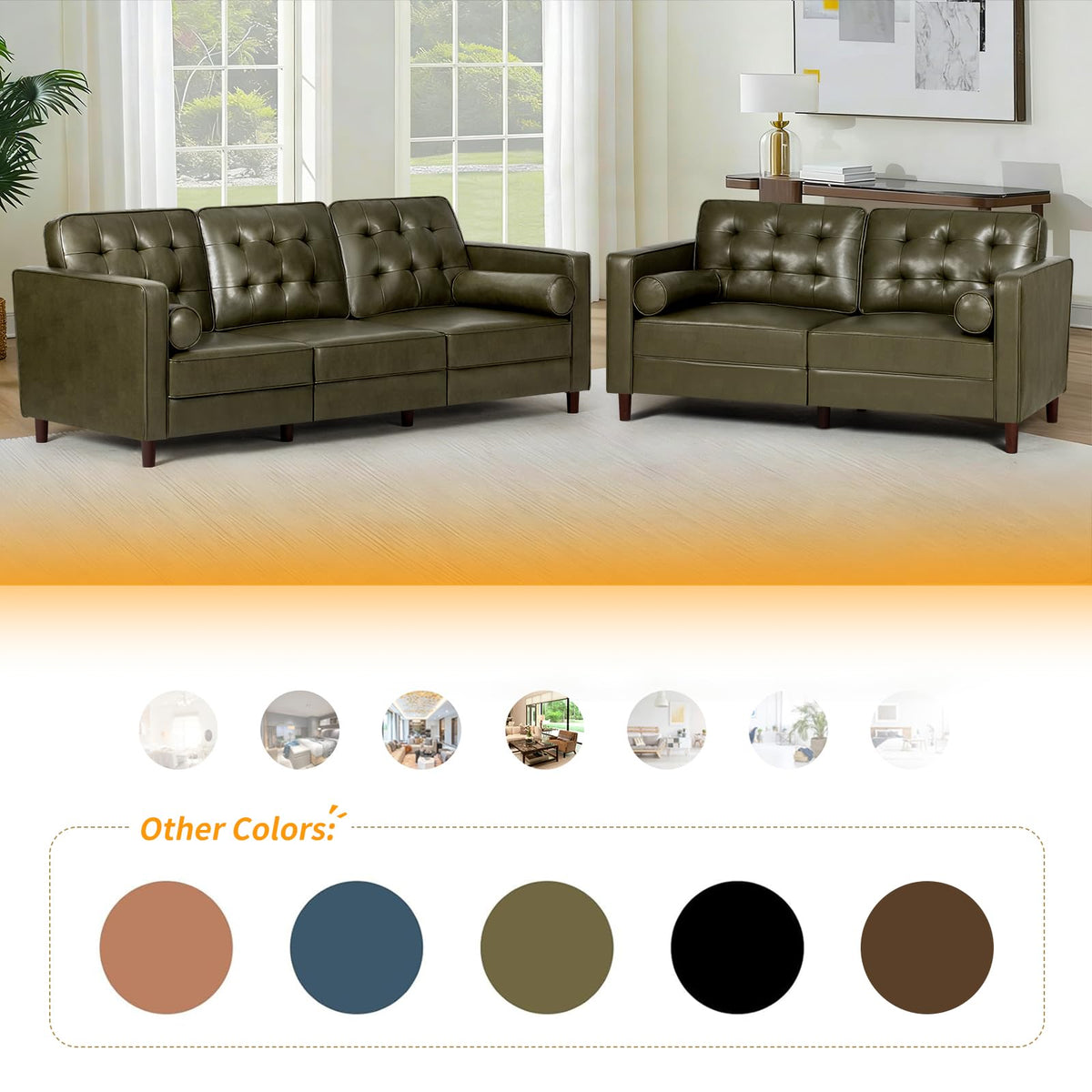 67" Olive Green Faux Leather 2-Seater Sofa with Bolster Pillows G8280