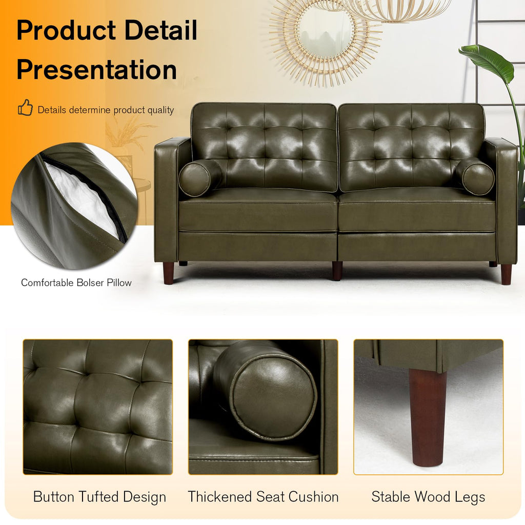 67" Olive Green Faux Leather 2-Seater Sofa with Bolster Pillows G8280