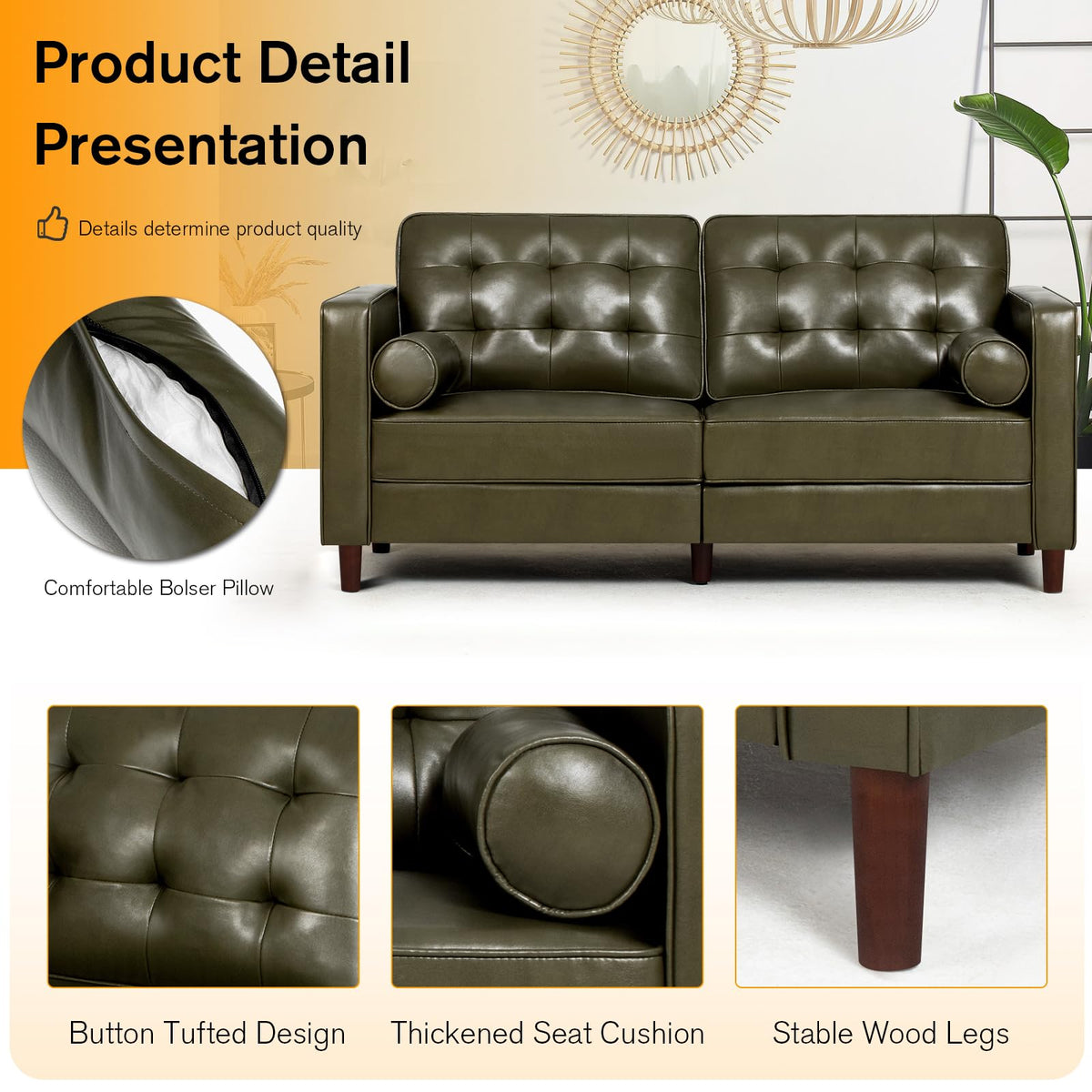 67" Olive Green Faux Leather 2-Seater Sofa with Bolster Pillows G8280