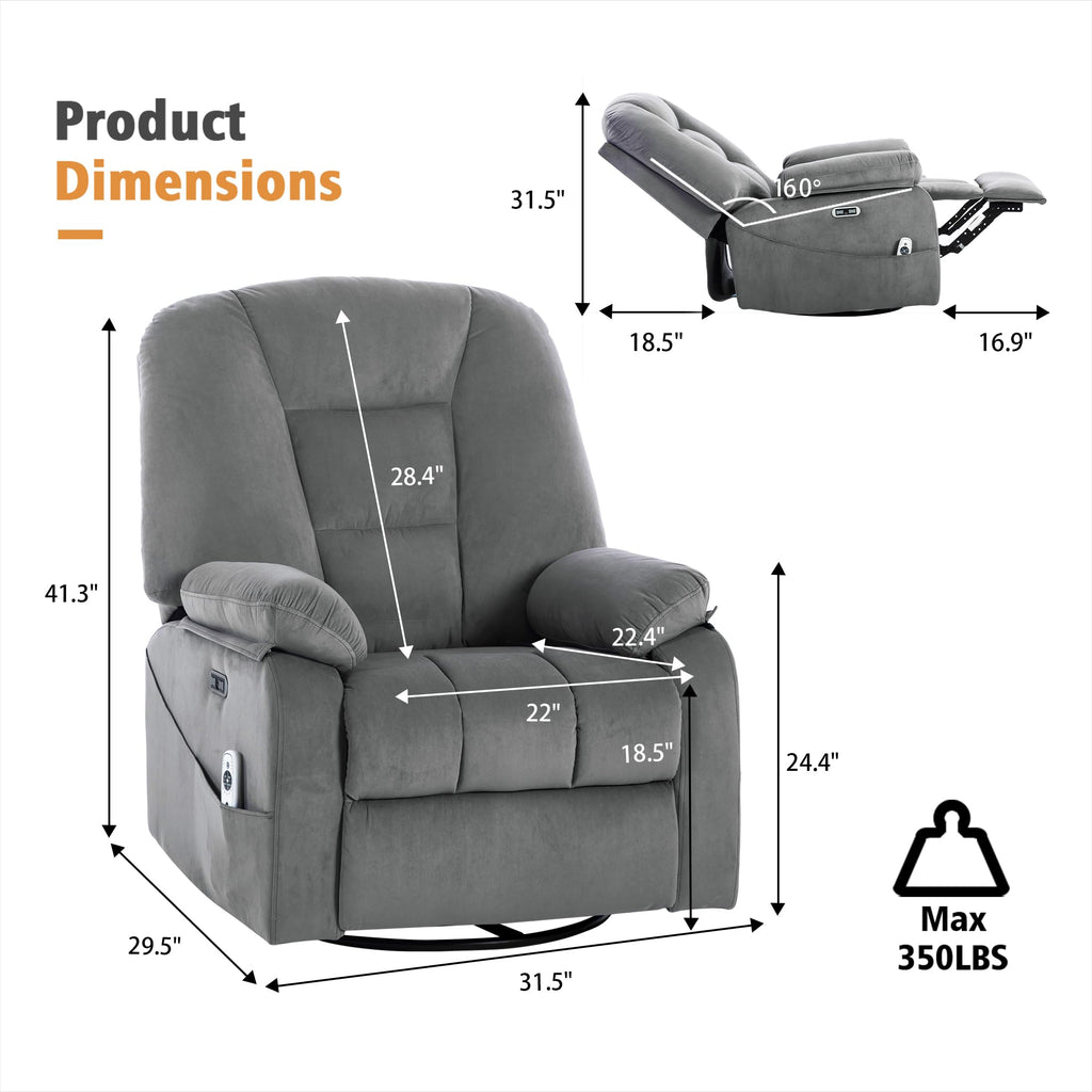 Velvet Grey Power Swivel Rocker Recliner with Massage and Heat V356