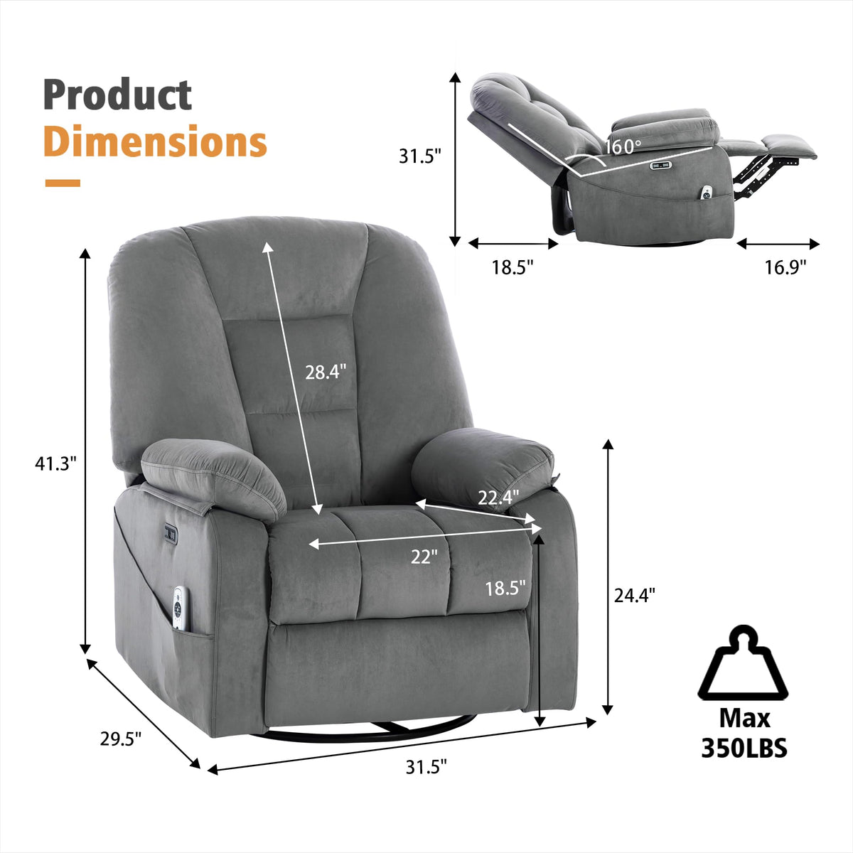 Velvet Grey Power Swivel Rocker Recliner with Massage and Heat V356