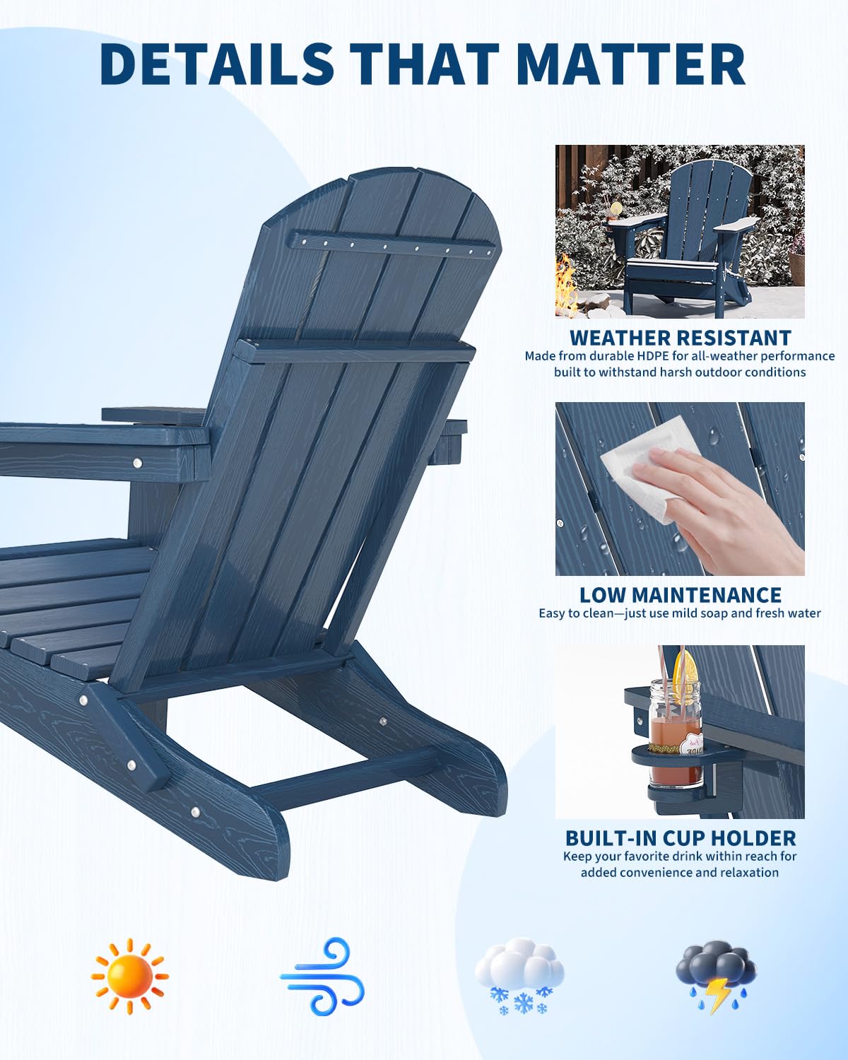 HDPE Folding Adirondack Chair Set of 2 with Side Table, Navy Blue P523724