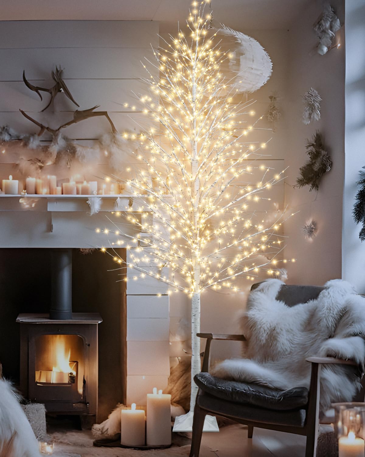 8FT Lighted White Artificial Christmas Twig Tree with 1440 Warm White LEDs M21964