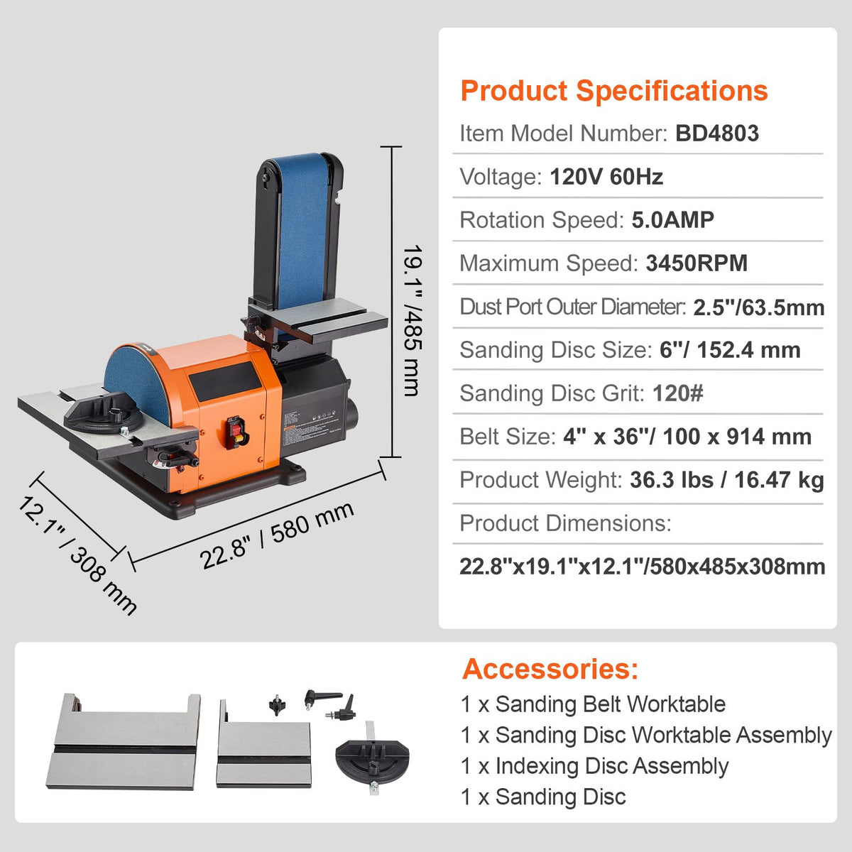 8" Disc and 4" x 36" Belt Sander with 5A Induction Motor R539