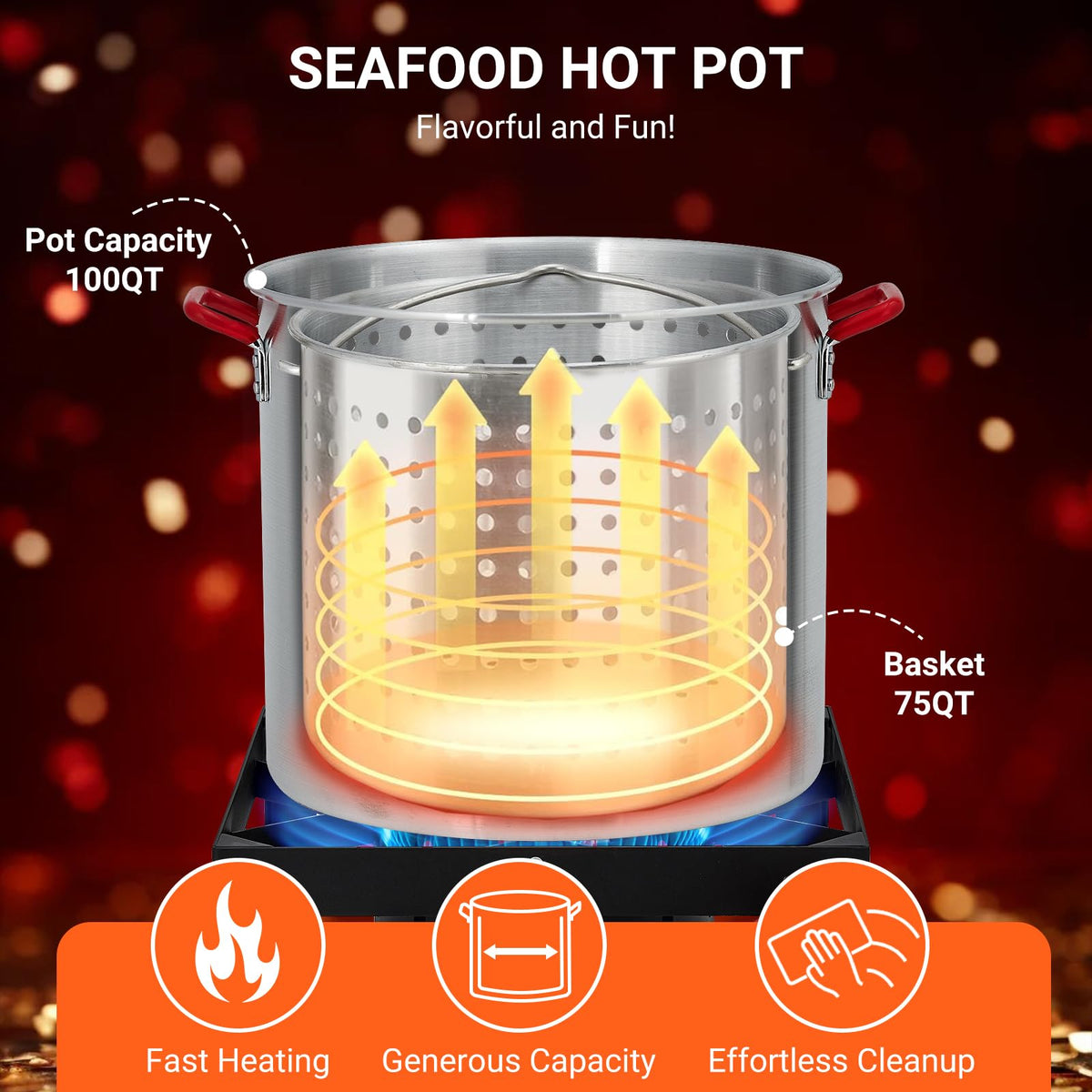 100Qt Aluminum Seafood Boil Pot with Strainer Basket and Propane Stove Burner A27125