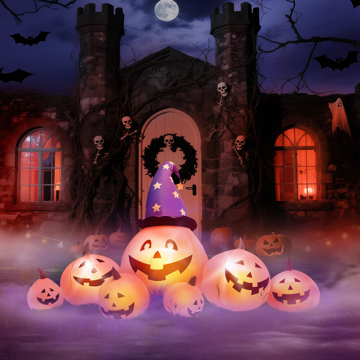 8 FT Inflatable Pumpkins and Witch Hat with Built-in LED Lights E1542