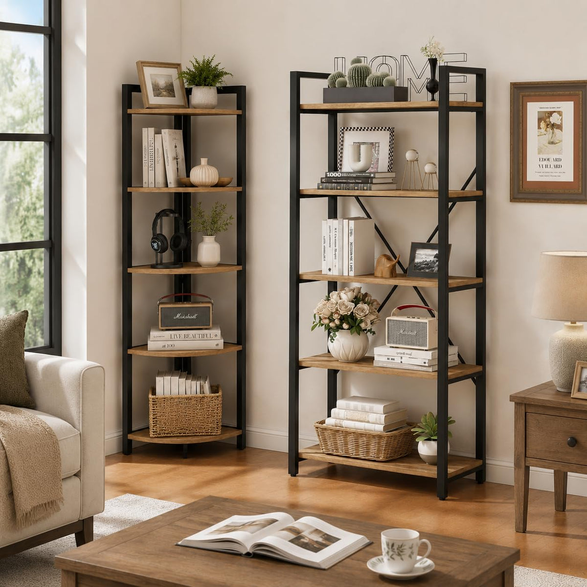 Tall Wood and Metal Corner Bookshelf Q593520