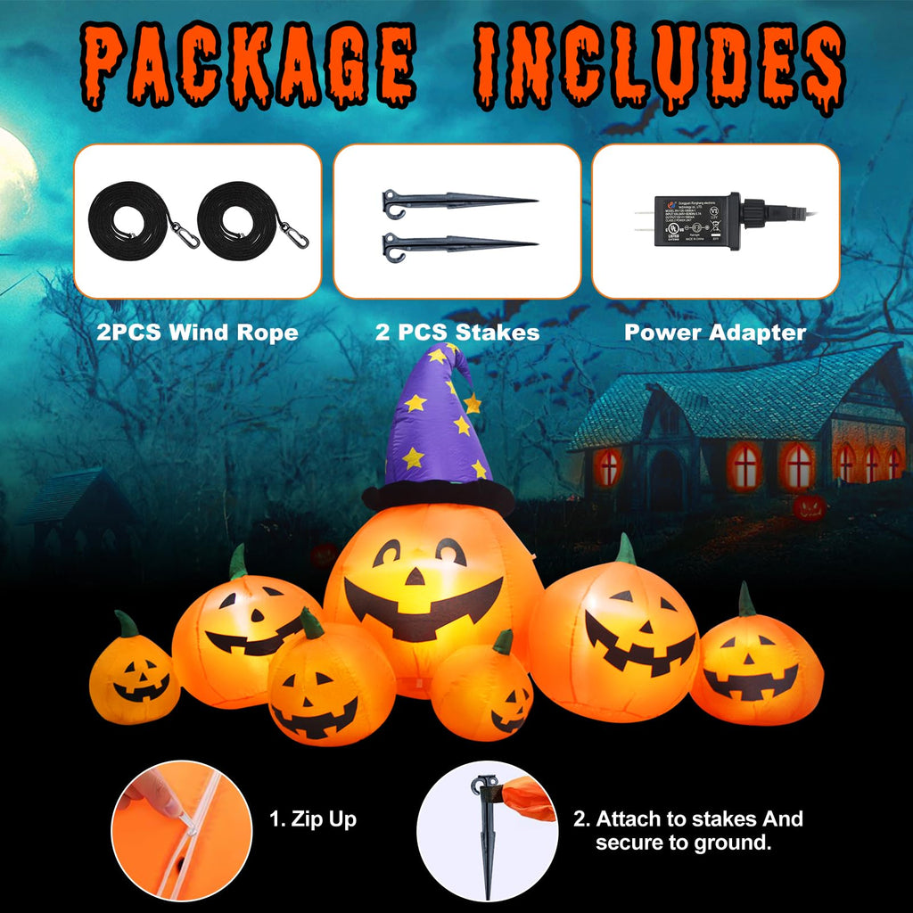 8 FT Inflatable Pumpkins and Witch Hat with Built-in LED Lights E1542