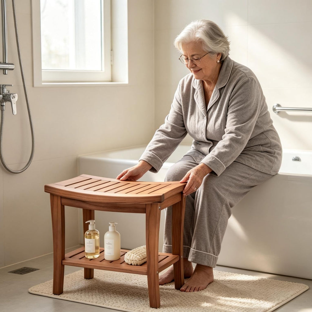 Teak Shower Bench Stool with Shelf V93457