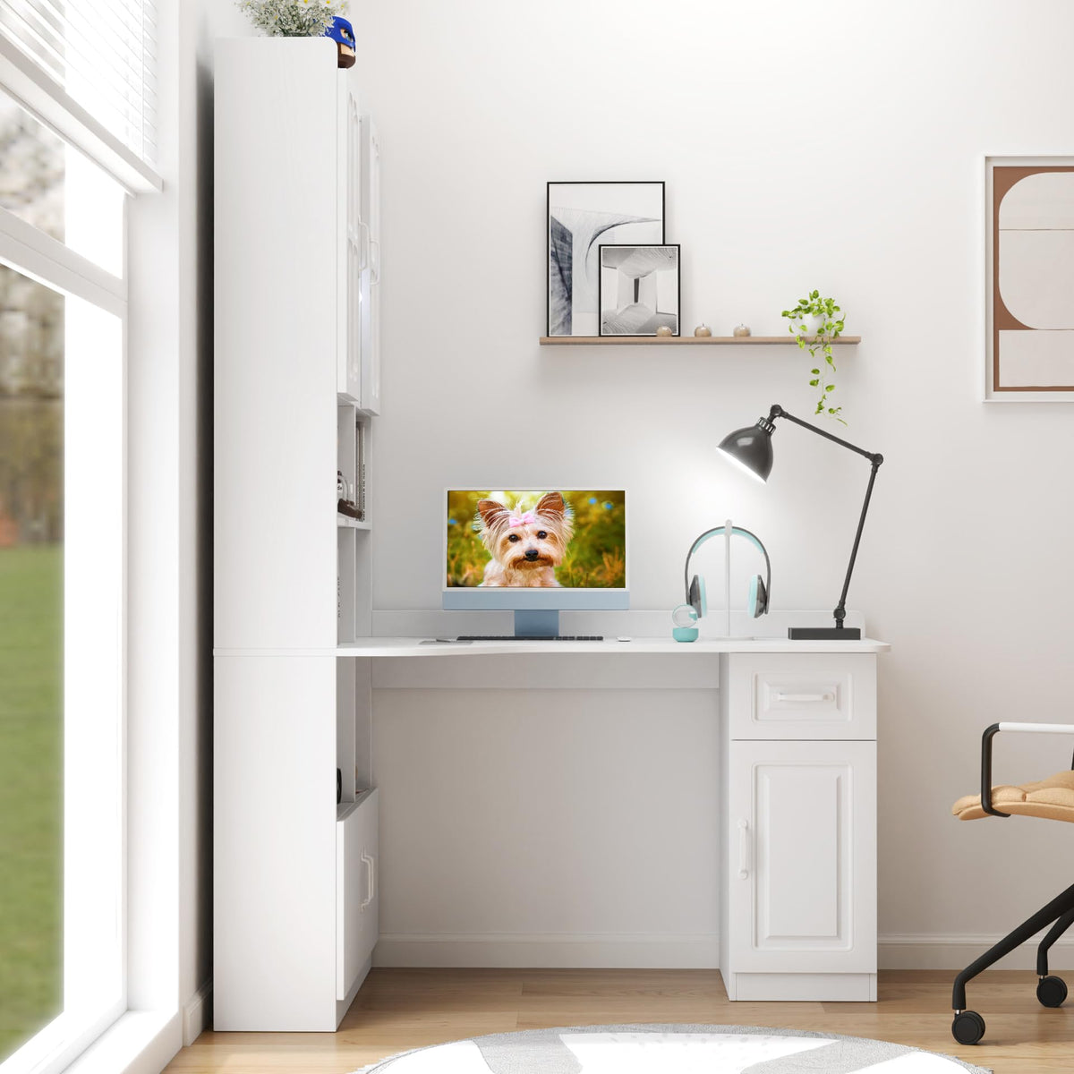 White L Shaped Corner Computer Desk with Bookshelf and Drawer I595620