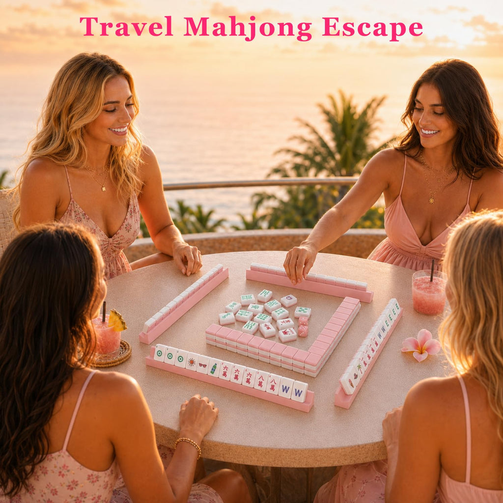 Pink Mini Travel Mahjong Tile Set with Racks and Bag G5669