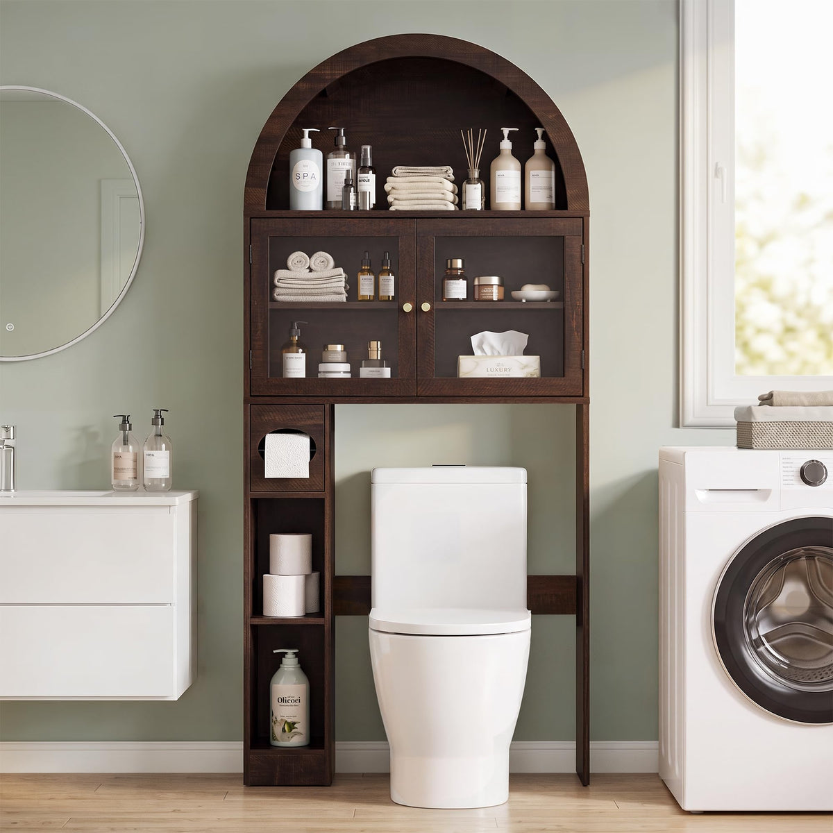 Over the Toilet Storage Cabinet with Arched Top, 68" Tall, Dark Walnut Z155082