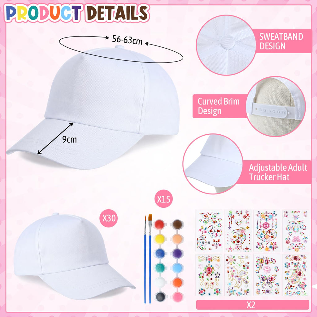 30 Pcs White Blank Adjustable Baseball Caps with Acrylic Paint Brushes Q6993