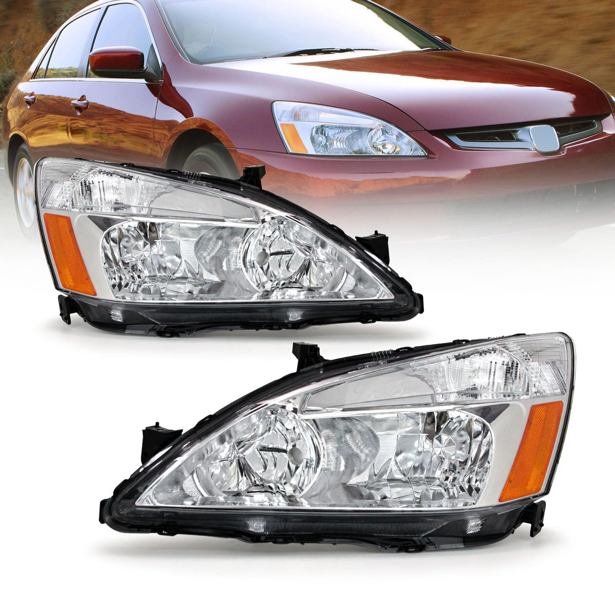 Headlight Assembly for 2003-2007 Honda Accord Chrome Housing Amber Reflector Pair M93946