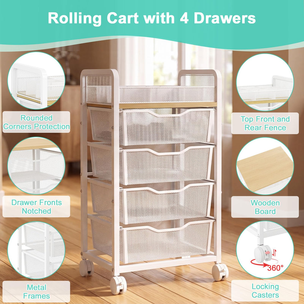 White Rolling Cart with 4 Drawers K892800