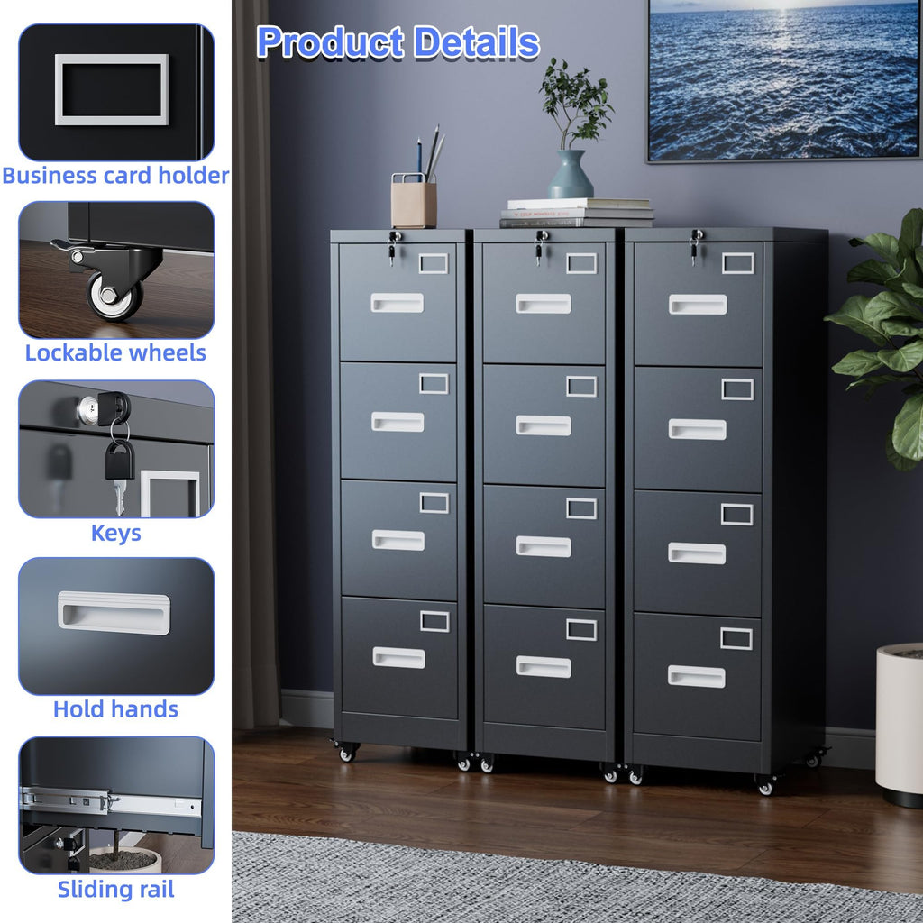 4 Drawer Metal File Cabinet with Lock, Black J831547