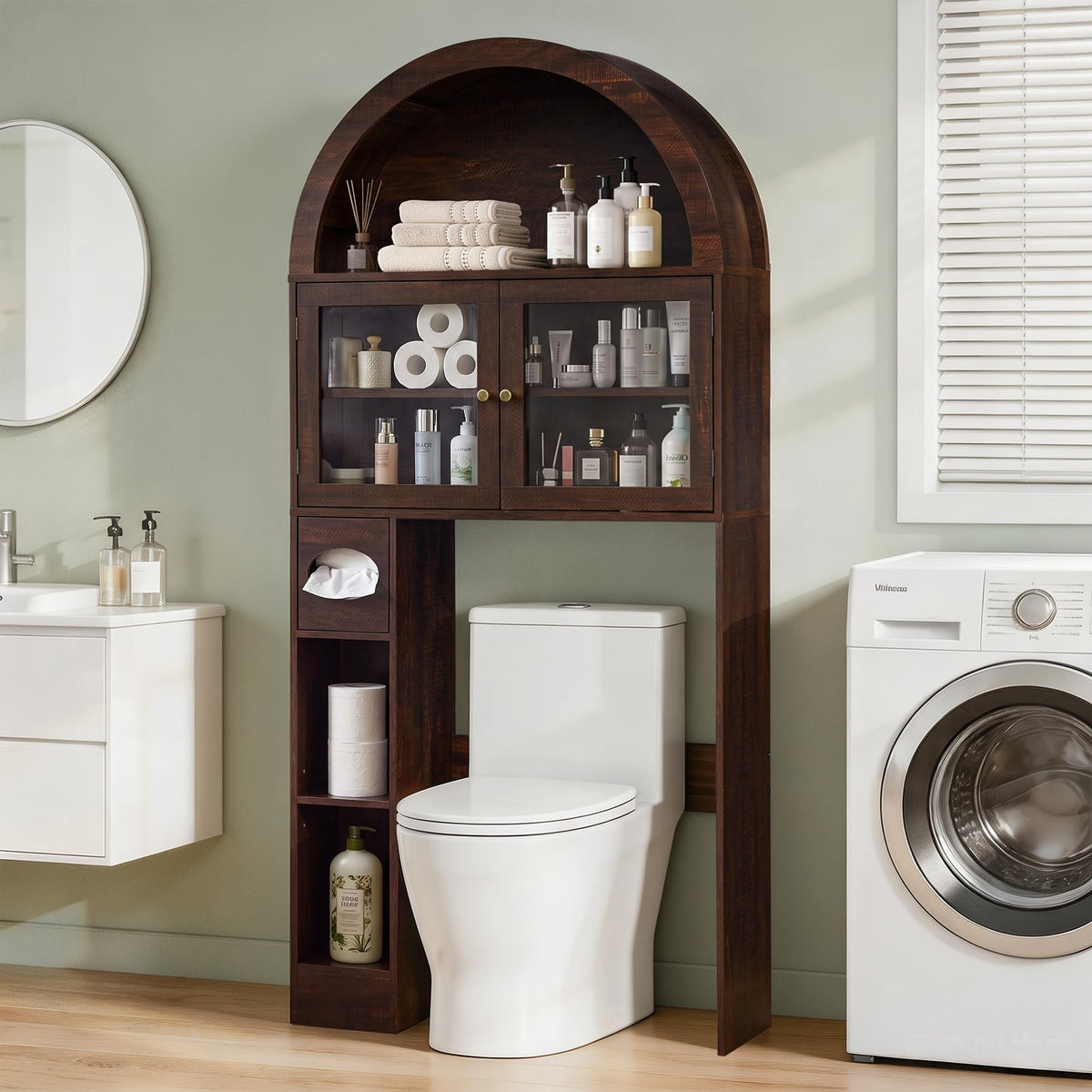 Over the Toilet Storage Cabinet with Arched Top, 68" Tall, Dark Walnut Z155082