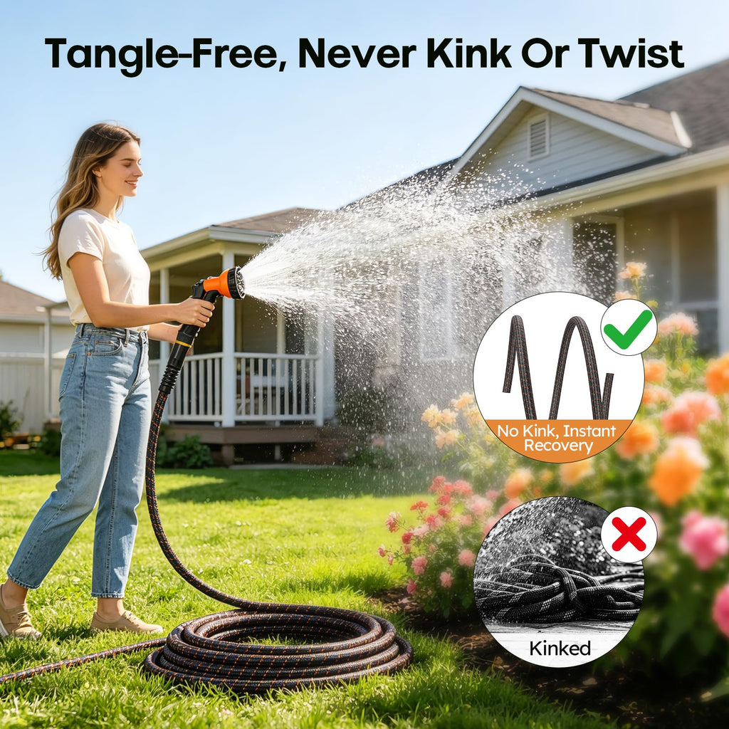 3/4" Flexible Non-Expandable Garden Hose with 10 Function Nozzle, 100ft B807