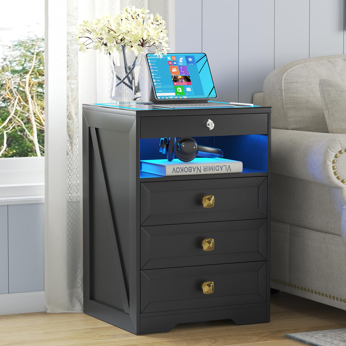 Black Glass Top LED Nightstand with Wireless Charger B898851
