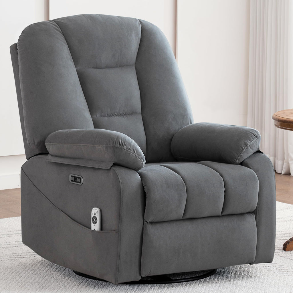 Velvet Grey Power Swivel Rocker Recliner with Massage and Heat V356