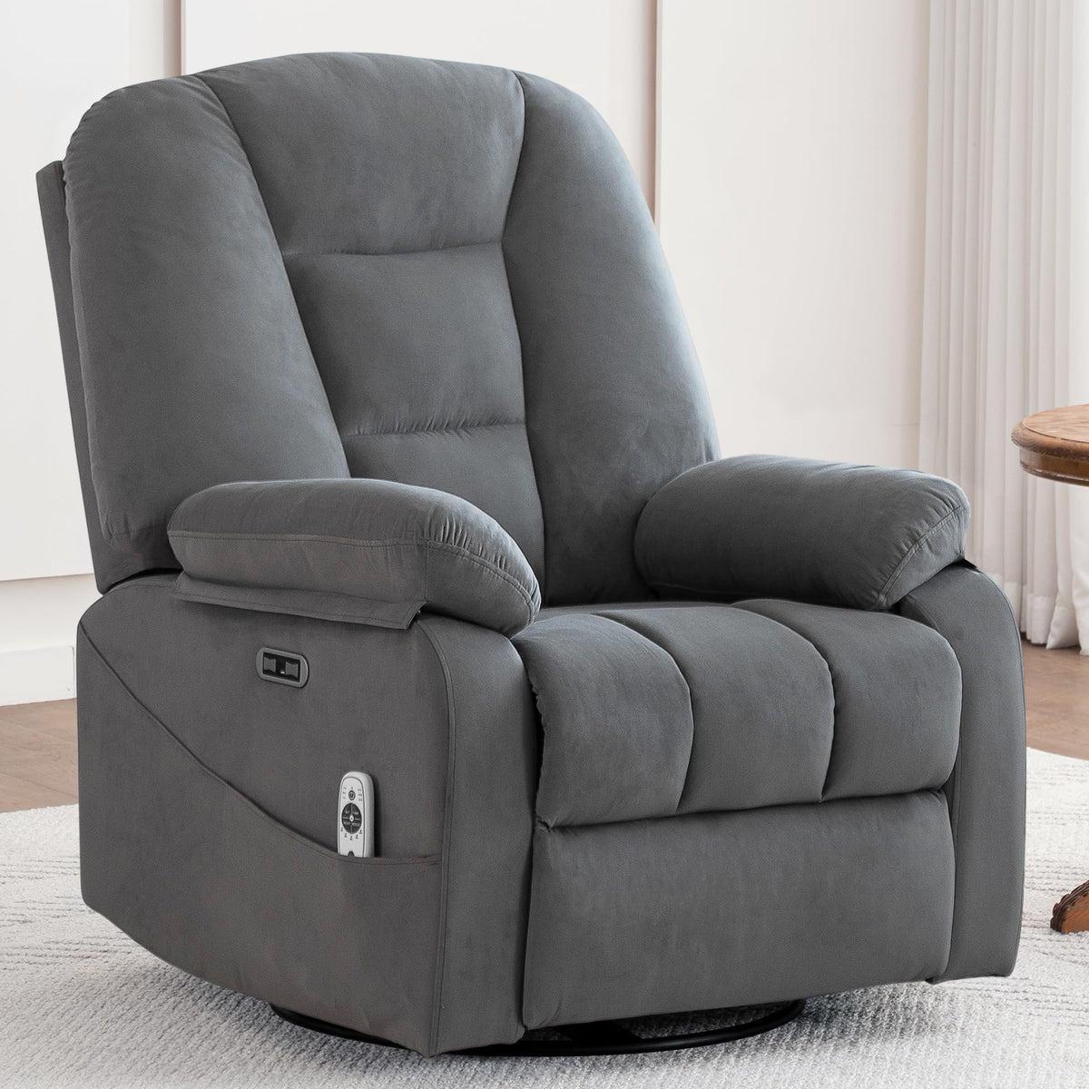 Velvet Grey Power Swivel Rocker Recliner with Massage and Heat V356