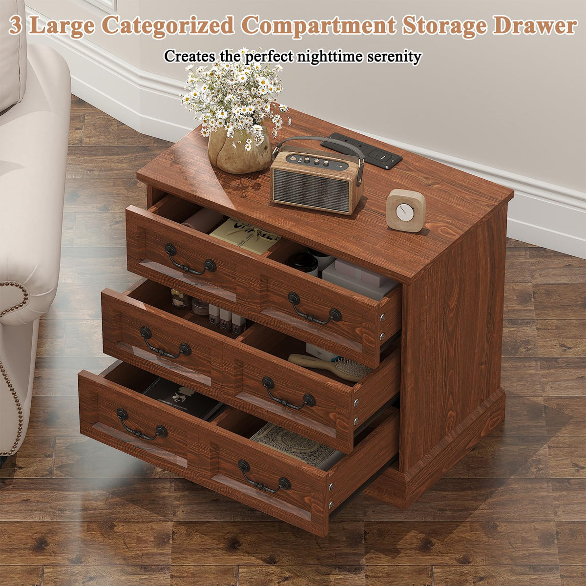 Cherry Wood Nightstand with Charging Station W62327
