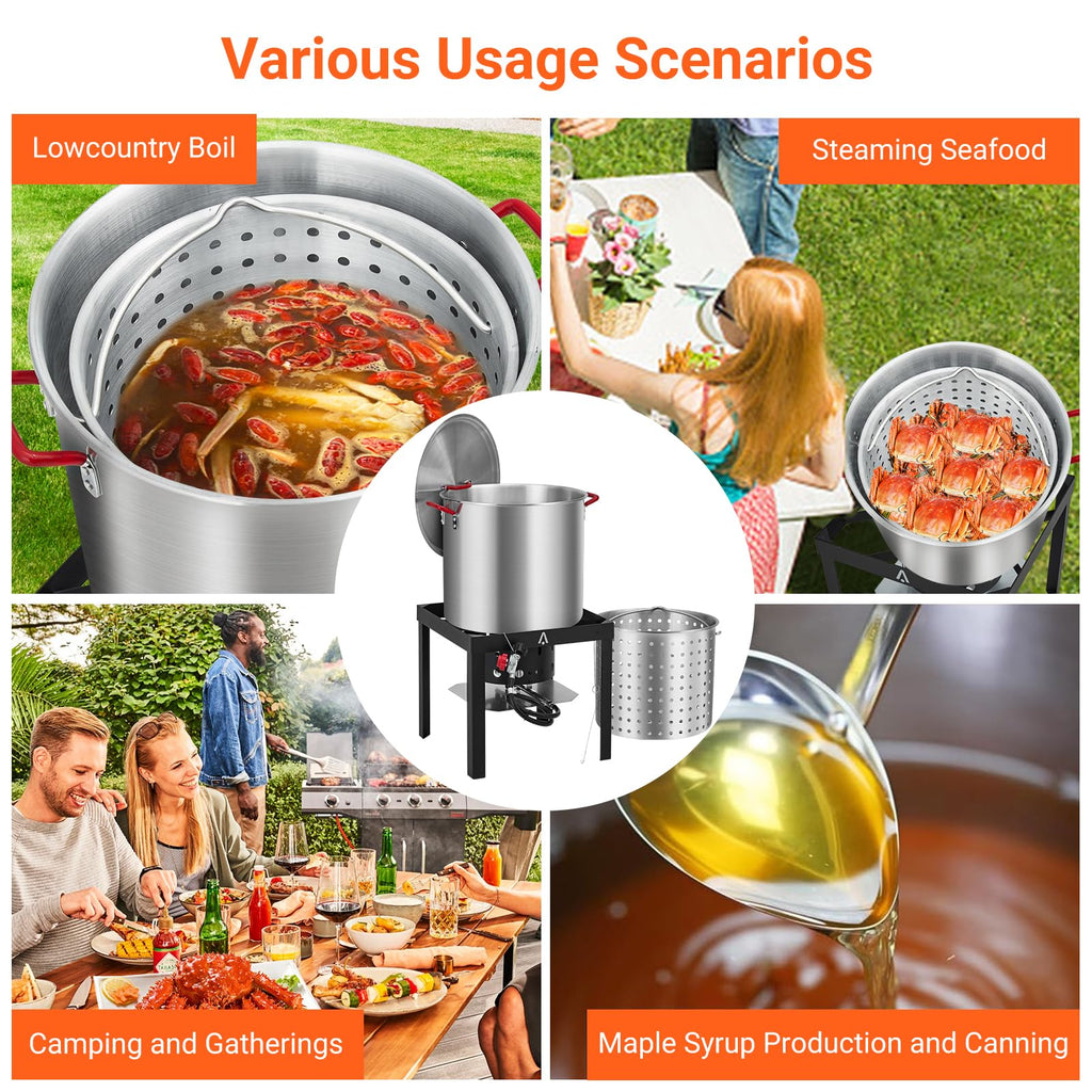 100Qt Aluminum Seafood Boil Pot with Strainer Basket and Propane Stove Burner A27125