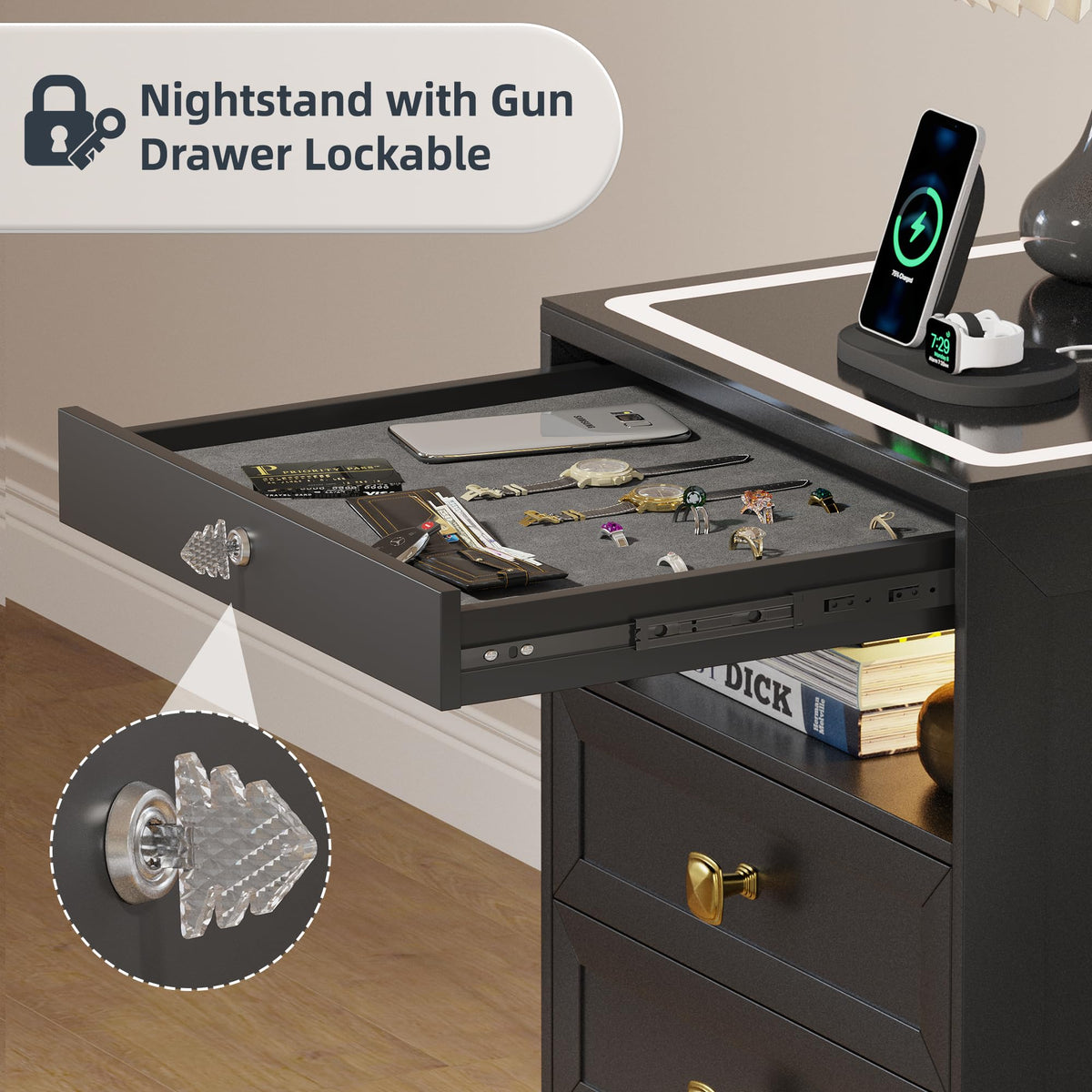 Black Glass Top LED Nightstand with Wireless Charger B898851