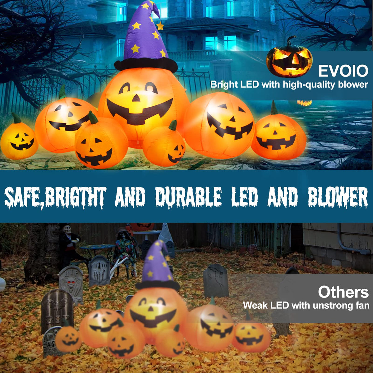 8 FT Inflatable Pumpkins and Witch Hat with Built-in LED Lights E1542