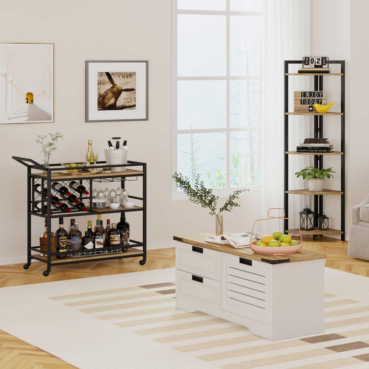 Tall Wood and Metal Corner Bookshelf Q593520
