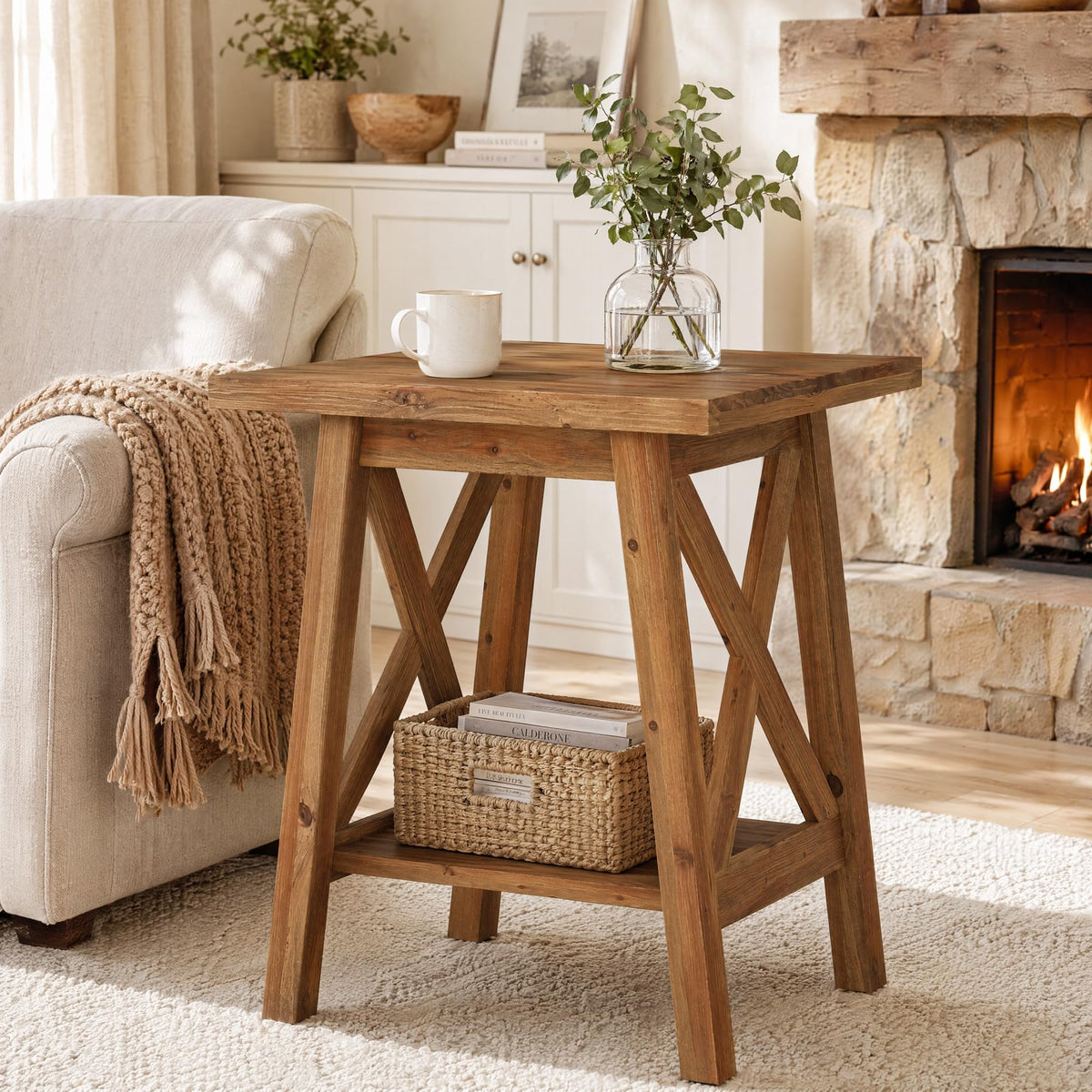 Solid Wood End Table Set of 2, Square Side Table with Storage, 2-Tier Nightstand, Brown Z19231