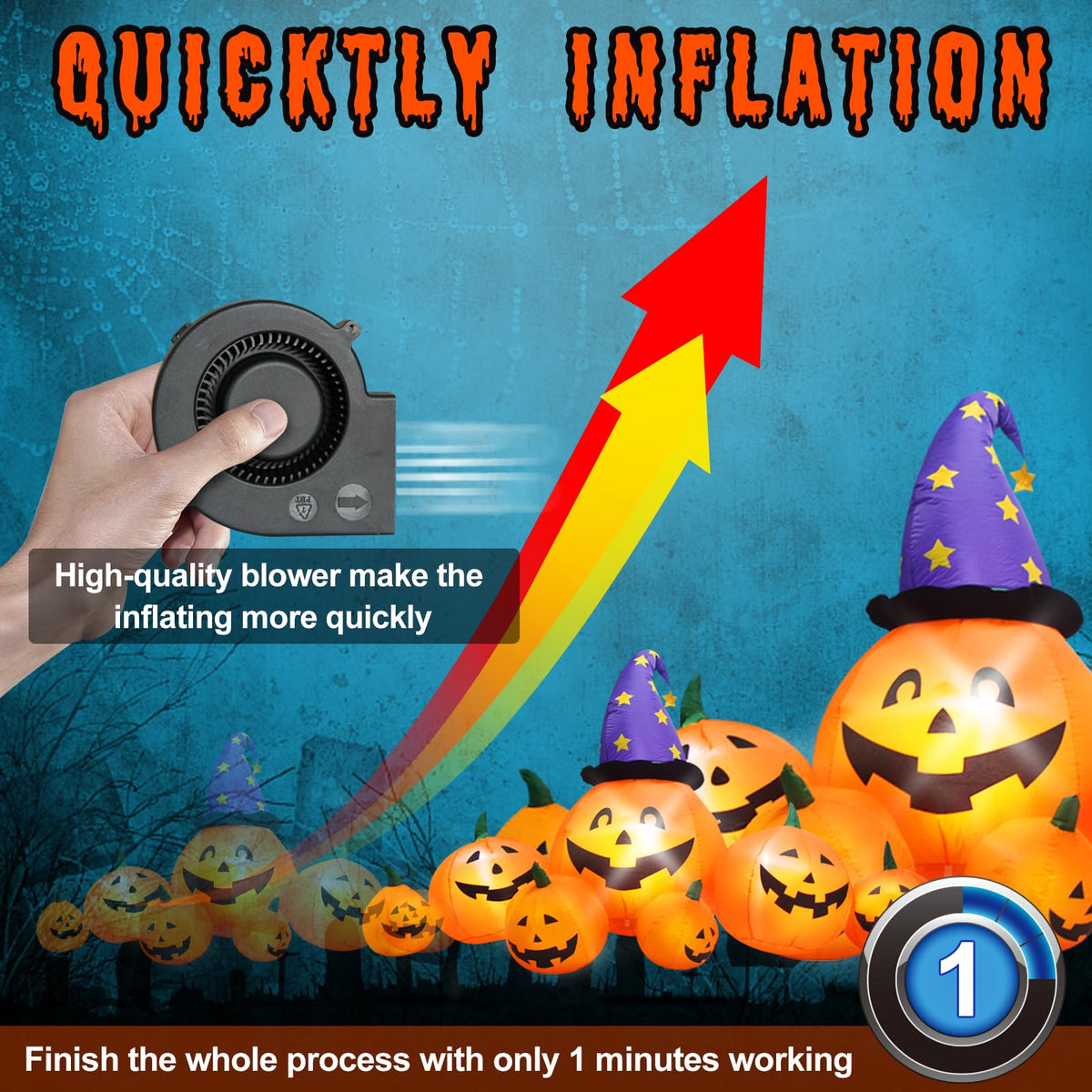 8 FT Inflatable Pumpkins and Witch Hat with Built-in LED Lights E1542