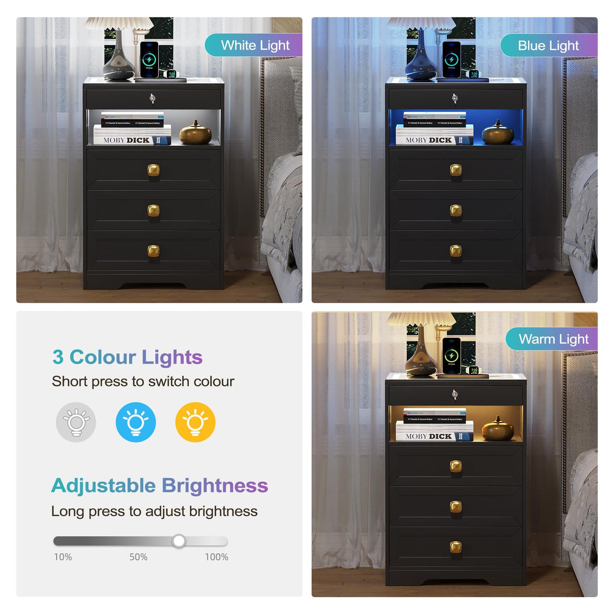 Black Glass Top LED Nightstand with Wireless Charger B898851