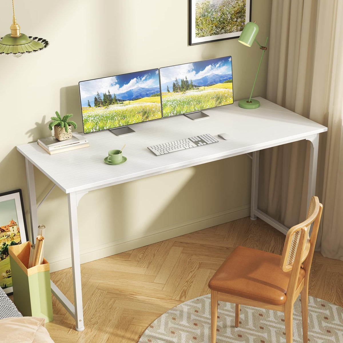 55 Inch White Computer Desk with Metal Frame S552646