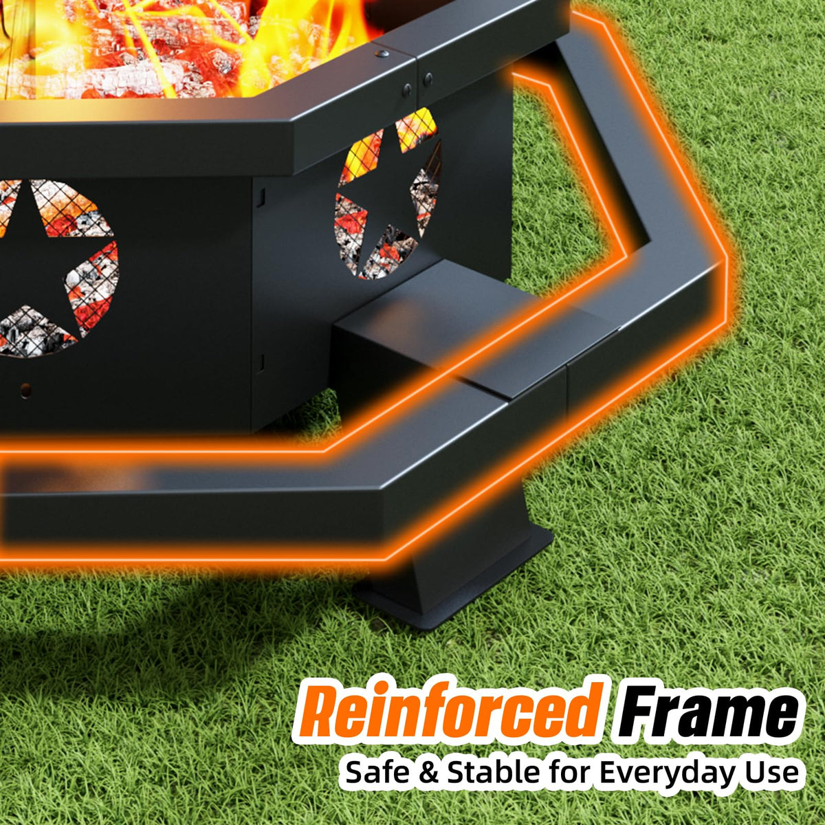 45 Inch Black Wood Burning Octagonal Fire Pit with Poker Y887