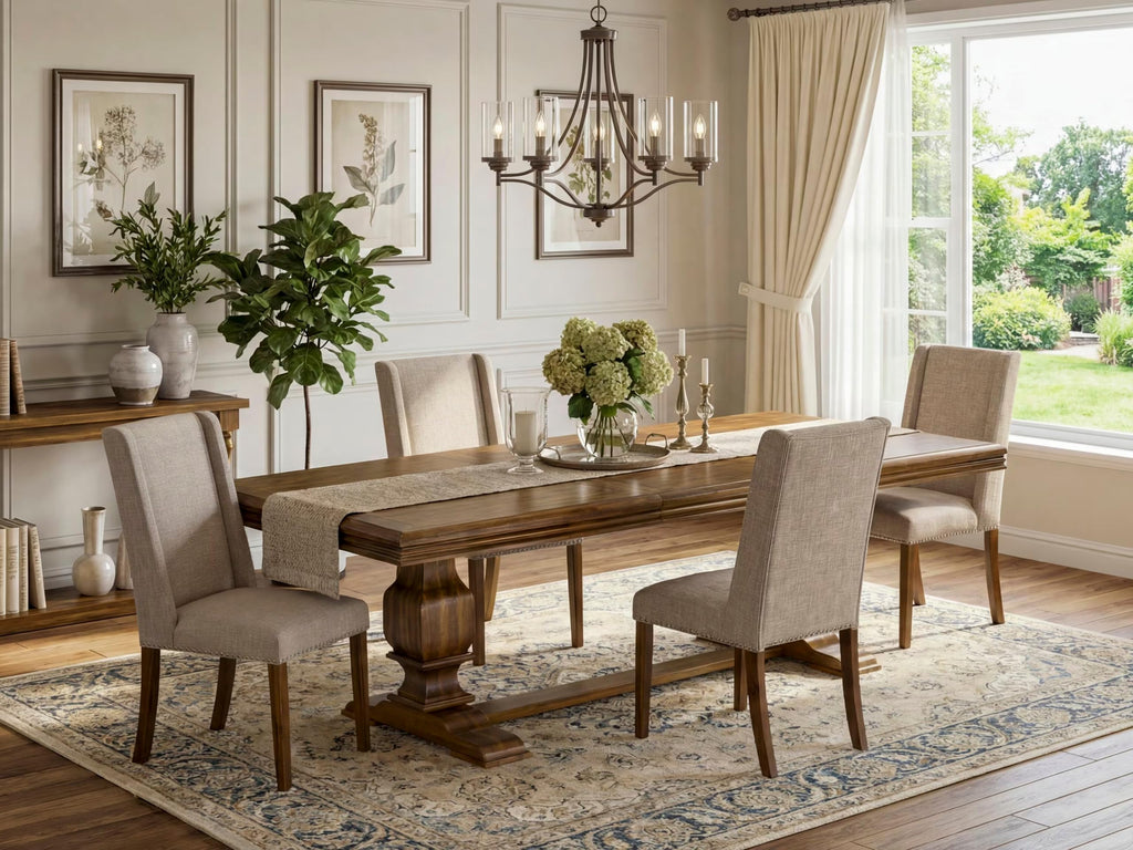 5-piece Wooden Dining Room Set with 4 Light Tan Linen Chairs T8532