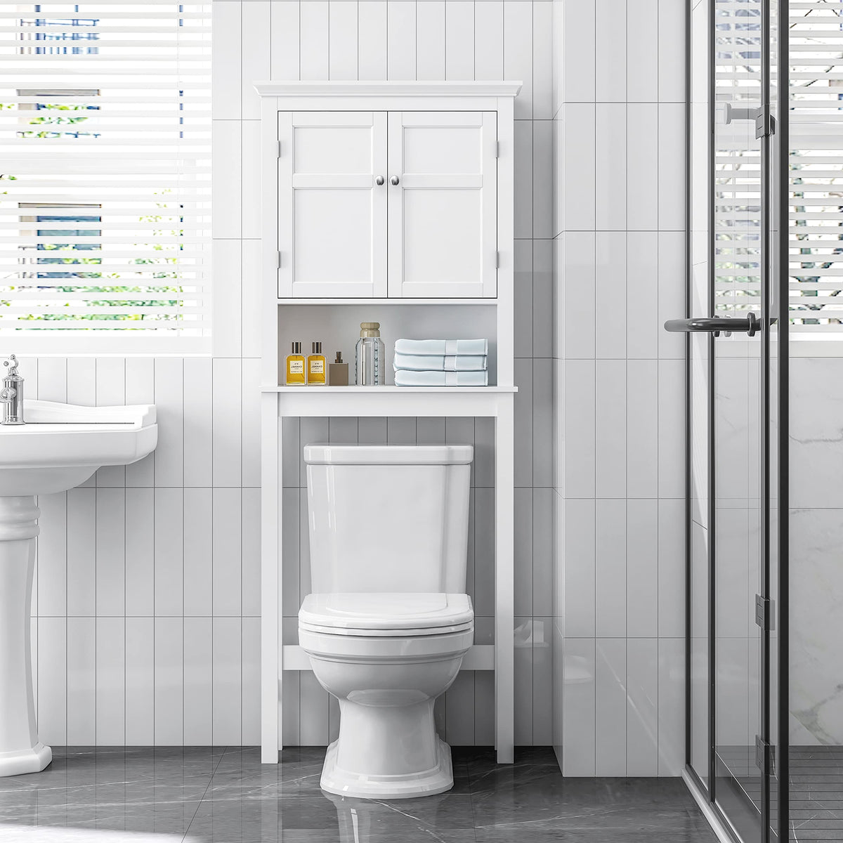 Over the Toilet Storage Cabinet with Doors and Adjustable Shelf V191353