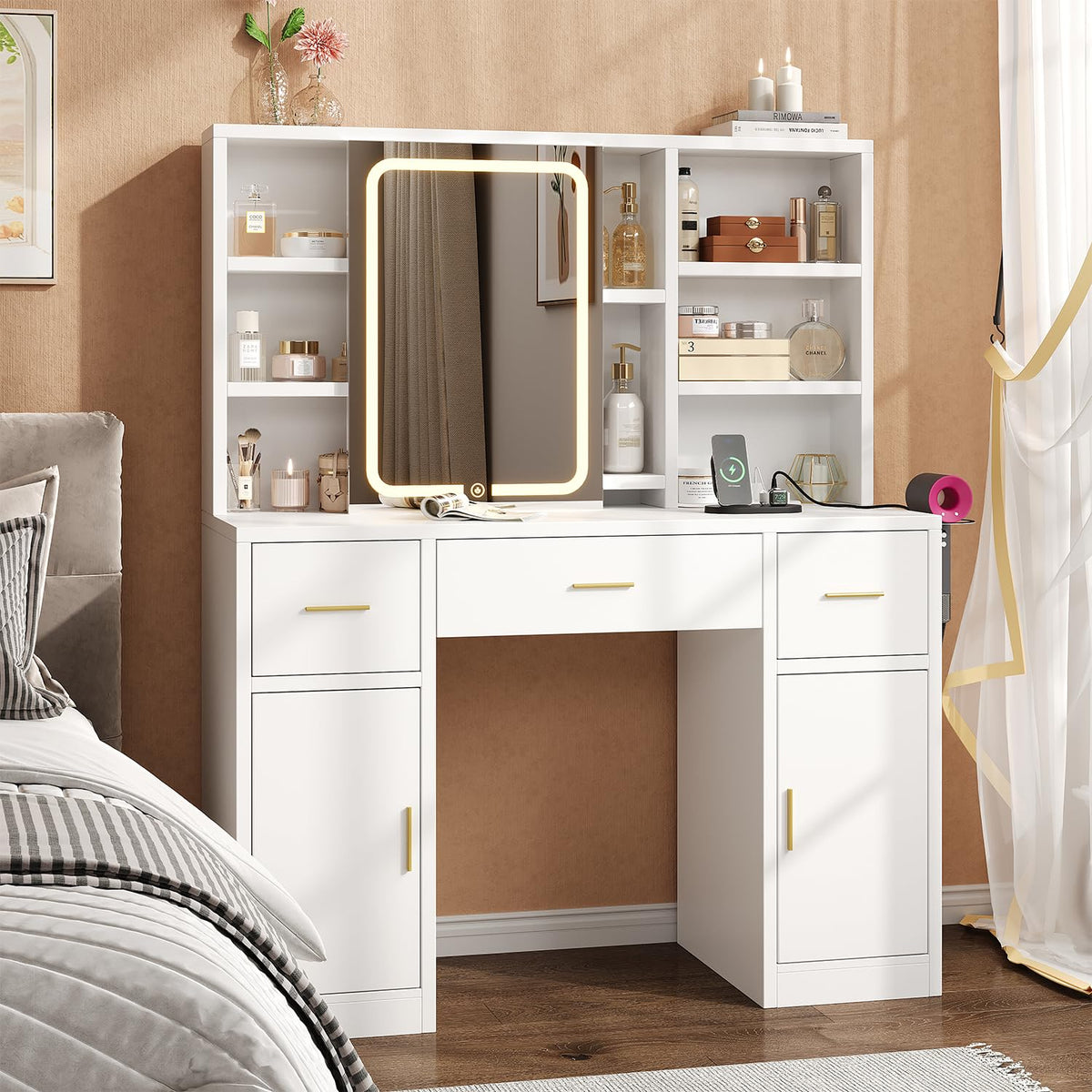 White Vanity Desk with Sliding Mirror and LED Lights W964172