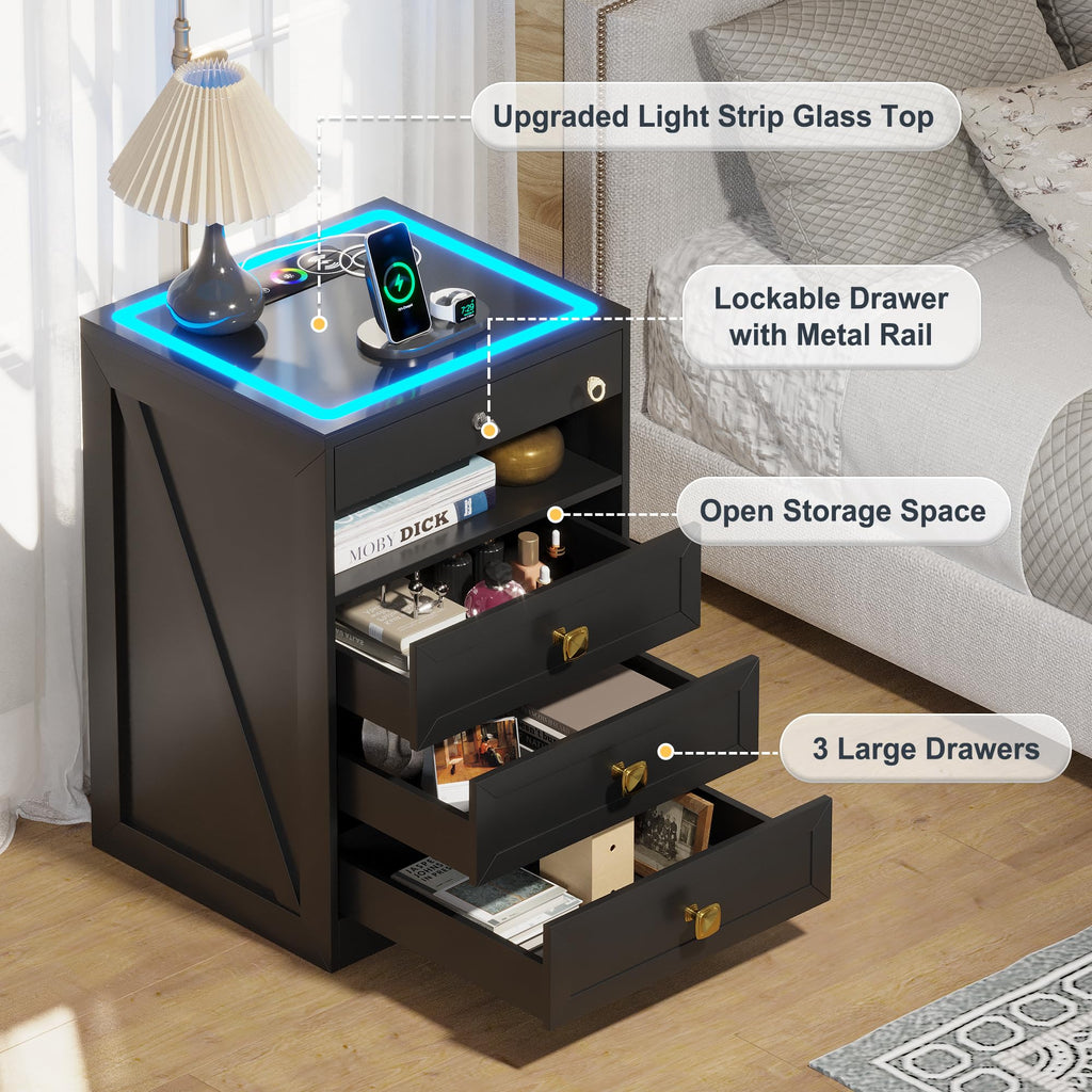 Black Glass Top LED Nightstand with Wireless Charger B898851