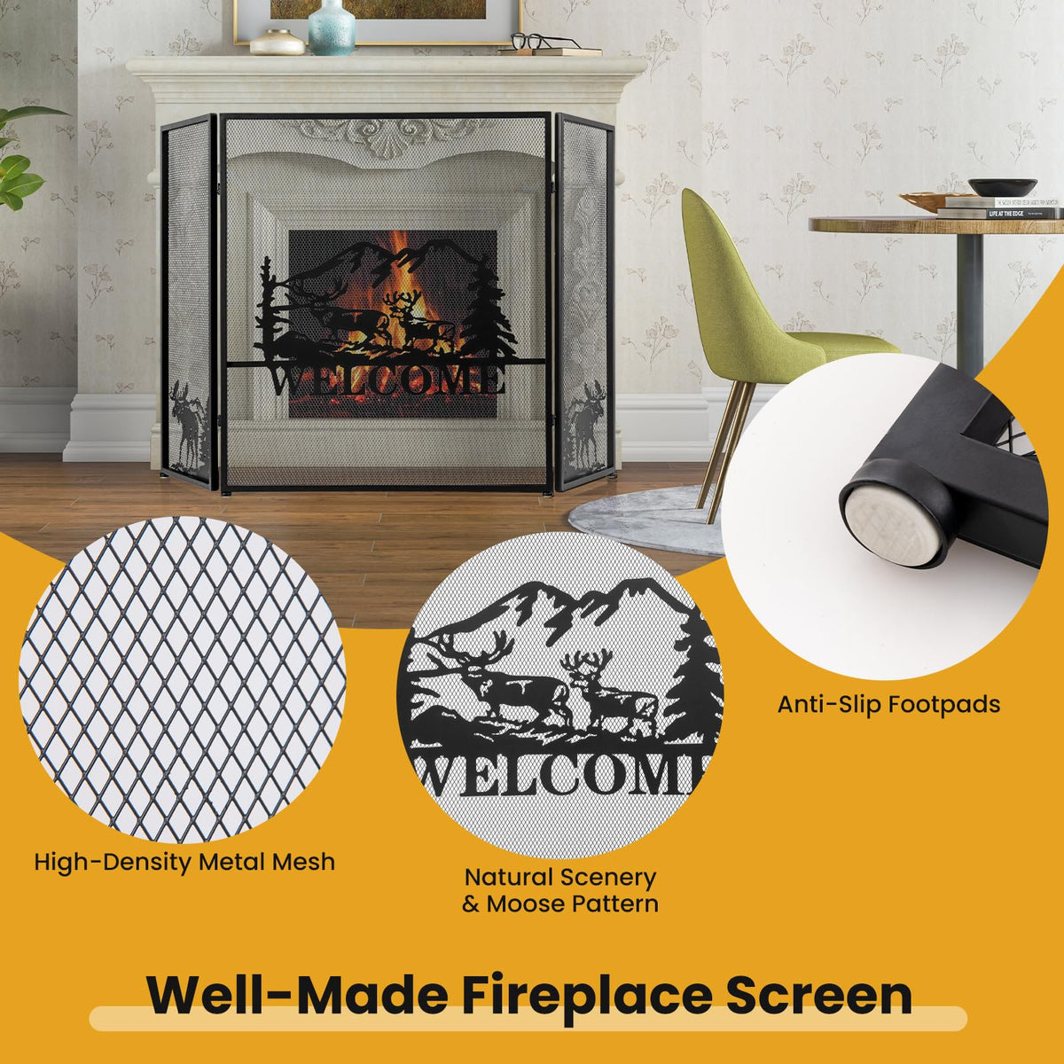 Foldable Fireplace Screen with Moose Pattern G52462
