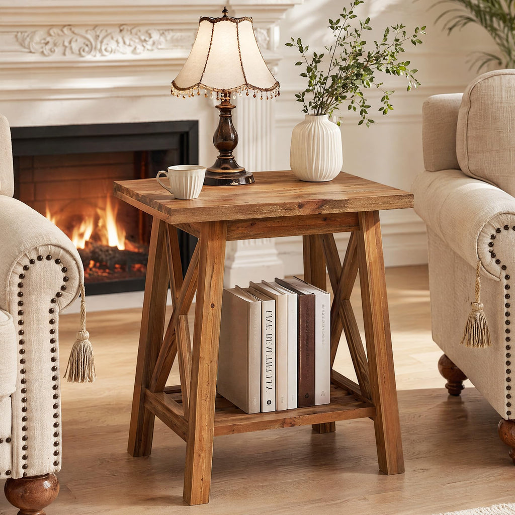 Solid Wood End Table Set of 2, Square Side Table with Storage, 2-Tier Nightstand, Brown Z19231