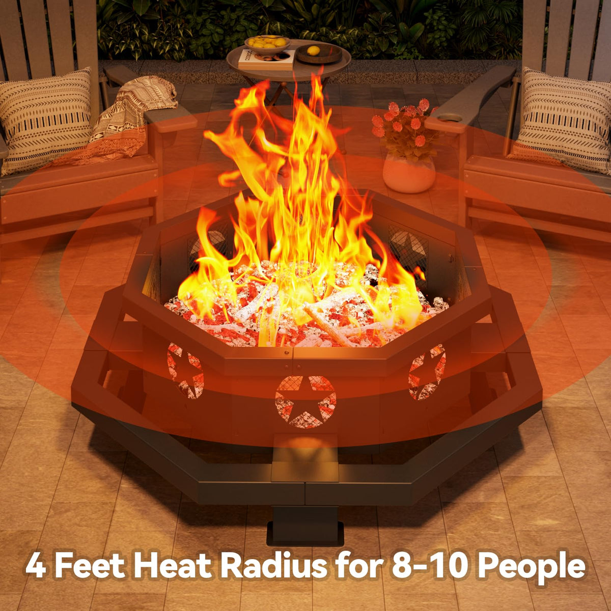 45 Inch Black Wood Burning Octagonal Fire Pit with Poker Y887