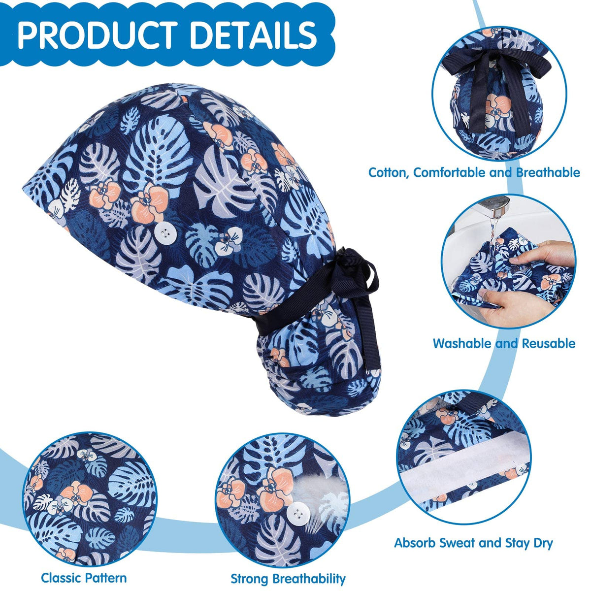 30 Pcs Scrub Caps with Buttons and Ribbon W906