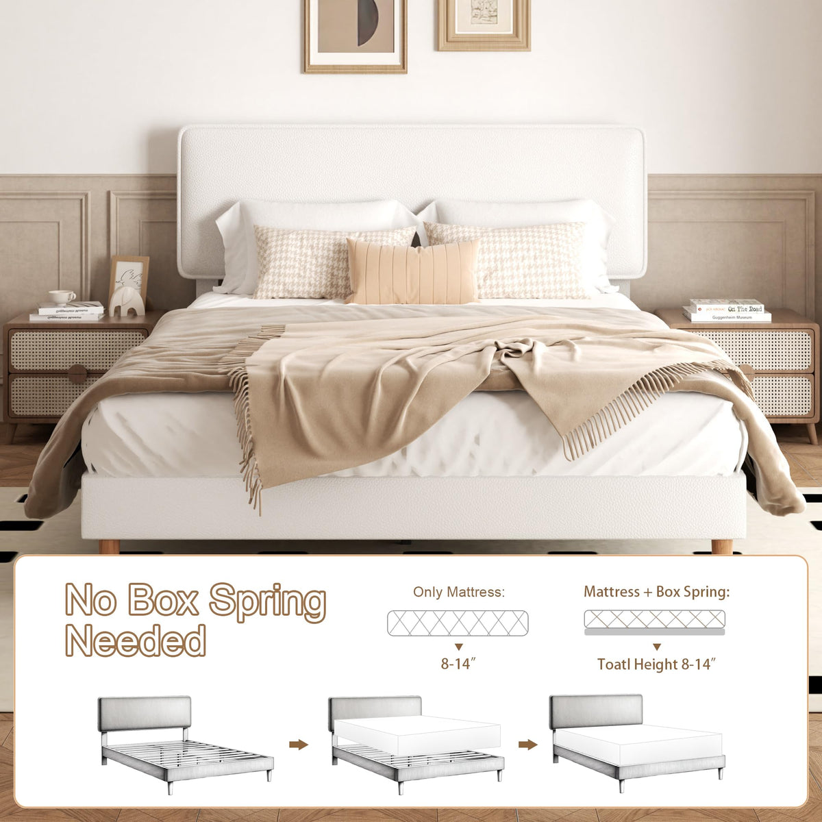 White Upholstered Bed Frame with Adjustable Headboard K278428
