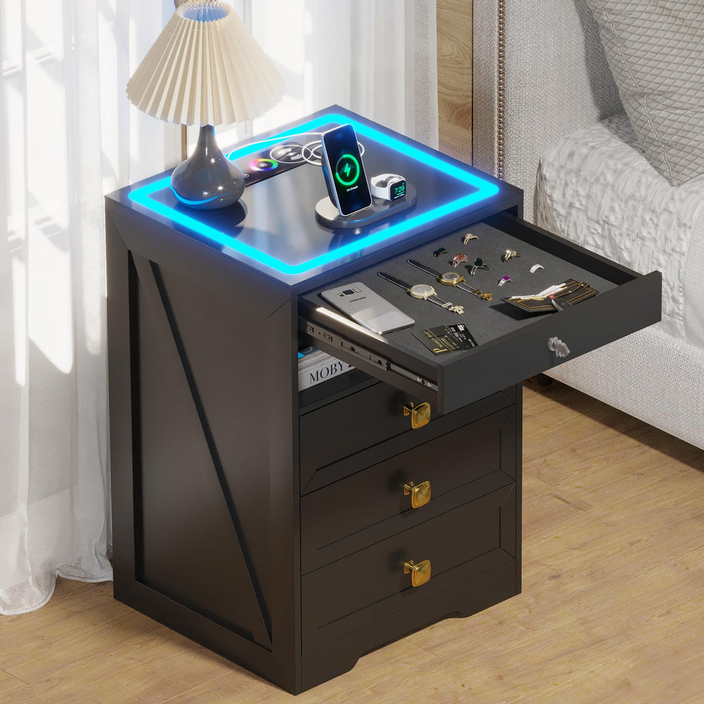 Black Glass Top LED Nightstand with Wireless Charger B898851