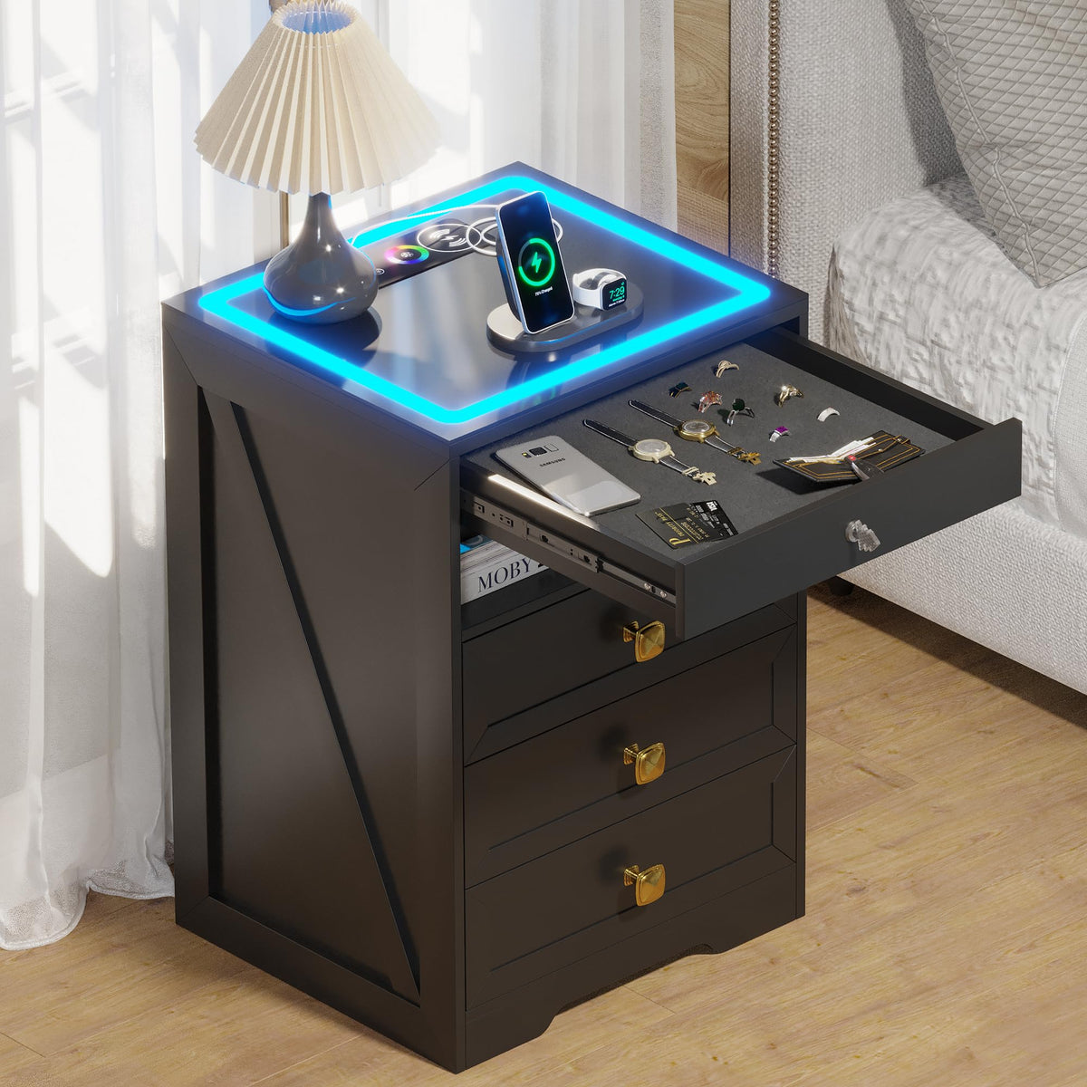 Black Glass Top LED Nightstand with Wireless Charger B898851